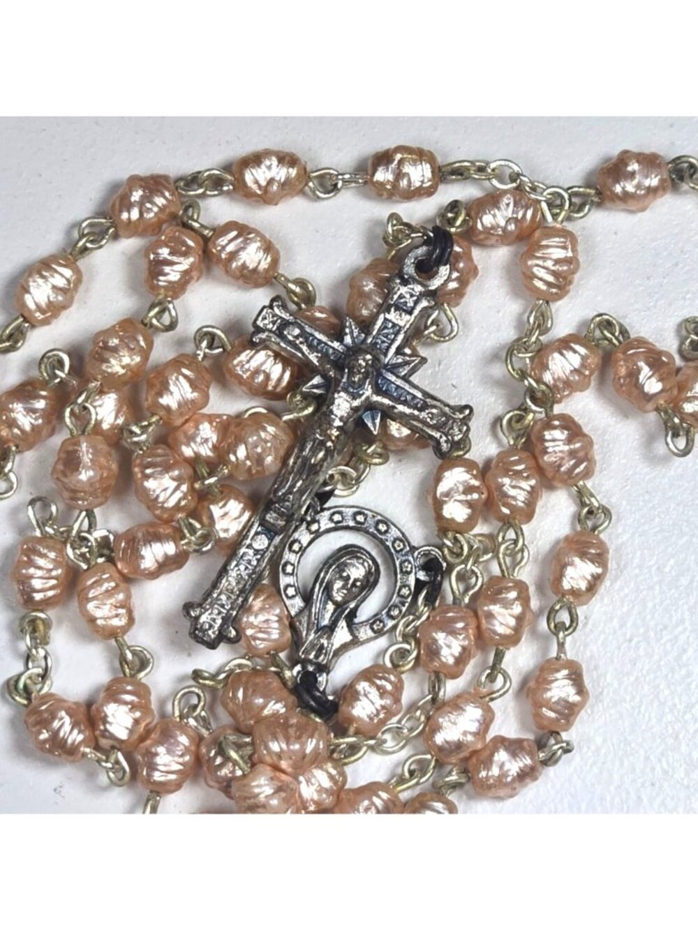 Vintage Pink Pearl? Rosary Crucifix & Virgin Mary Pendant Catholic Prayer Beads